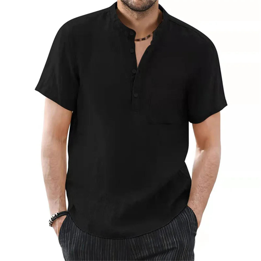 T-shirt da uomo a maniche corte in cotone e lino T-shirt da uomo casual tinta unita Camicia estiva da uomo accogliente e traspirante