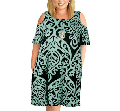 Big Size Clothing 2023 Summer Loose Woman Dress Elegant Sexy Off The Shoulder Flowers Printed Plus Size Dress Mom Vestidos