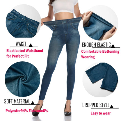 High Waist Faux Denim Print Leggings Women Sexy Skinny Pencil Pants Tummy Control Seamless Shapewear Trousers No Pocket