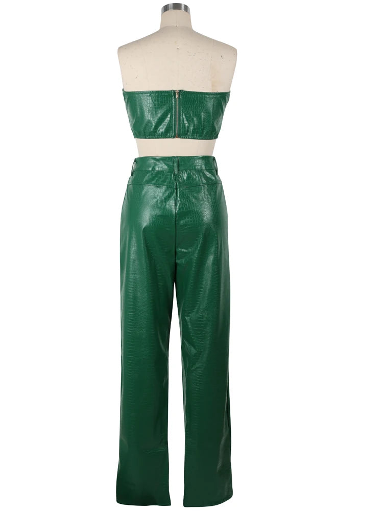 Beyprern Women's Green Corset Cut-Out Cargo Metallic Jumpsuits PU Leather Matching Set Sexy Clubwear 2 Piece Outfits