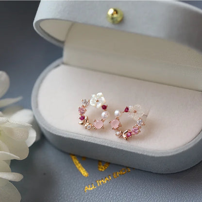 Y2k Pink Crystal Flower Pearl Butterfly Ear Studs Summer New Arrival Korean Fashion Luxury Hoop Earrings For Women Jewelry Gift