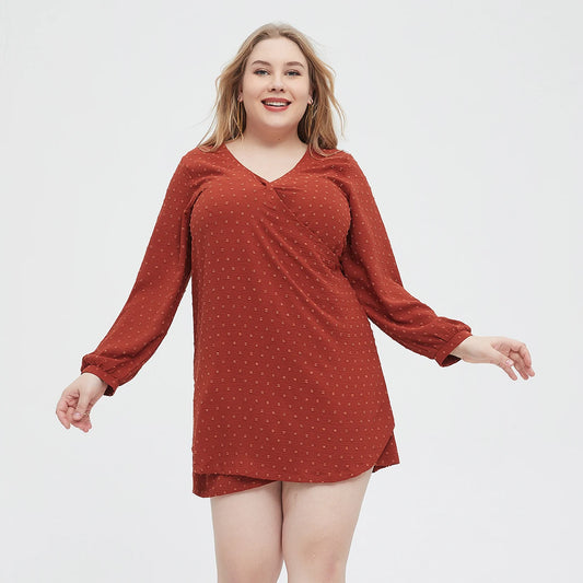 Plus Size 2024 New Fashion Swiss Dot Solid Dress Casual Polyester V Neck Long Sleeve Dress Women's Plus Size Clothing L055