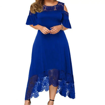 Plus Size Women Dress Flare Short Sleeve Cold Shoulder Embroidery Elegant Dress Party Lace Patchwork High-low Hem Dress Summer