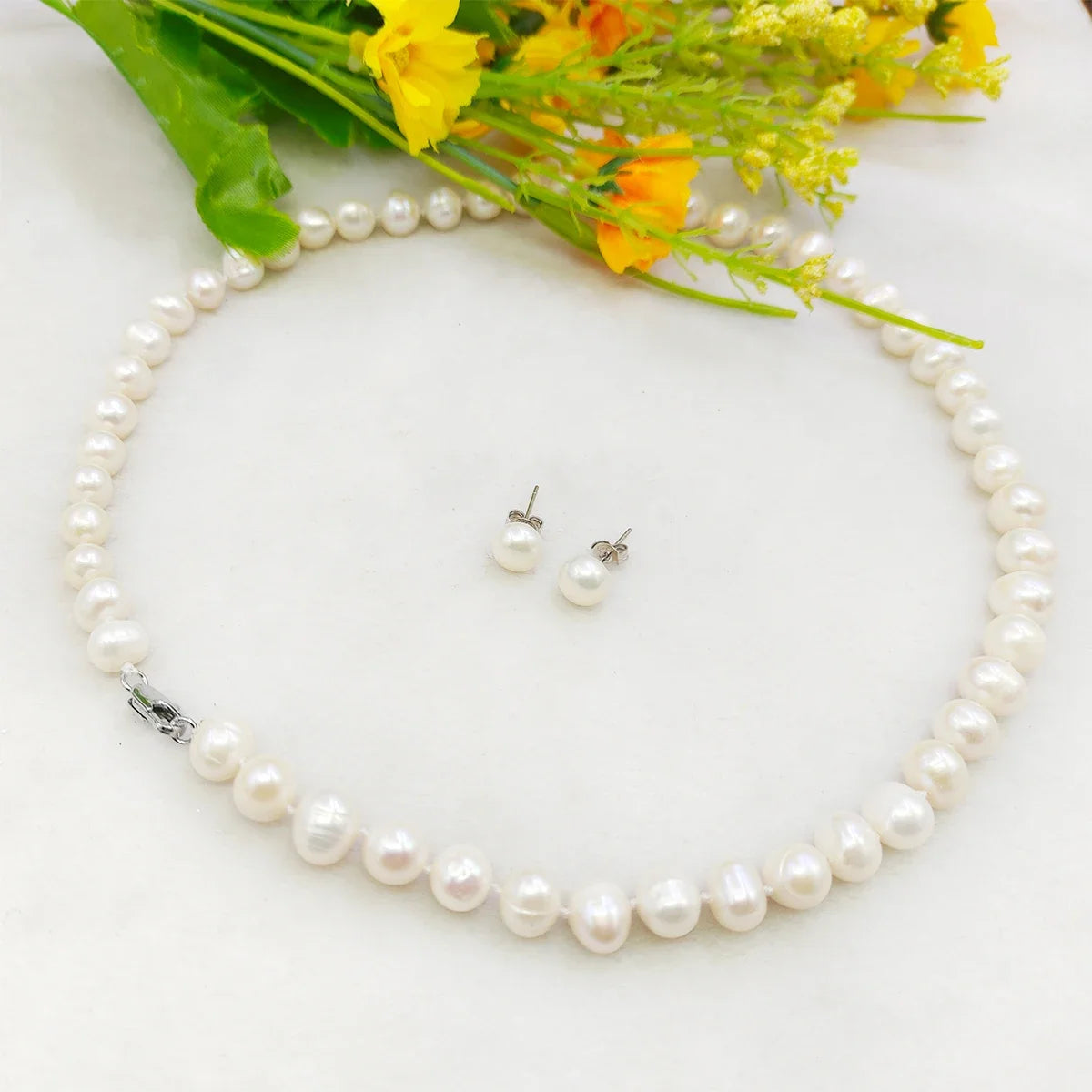 New Natural Beads Pretty 8-9mm White Tahiti Pearl Necklace 17''+Earrings DIY Jewelry Sets Gifts For Girl Women Wholesale Price