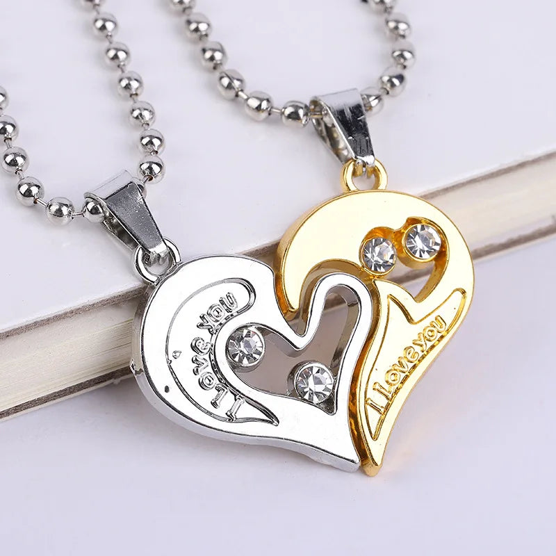 2Pcs/set Love Heart Couple Necklace For Women Men Two Colors Puzzle Hollow Zircon Heart Matching Pendant Valentine's Day Gift