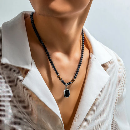 PuRui Hip Hop Stainless Steel Geometric Pendant Necklace for Men Black Acrylic Natural Stone Beads Choker Boy Neck Chain Jewelry