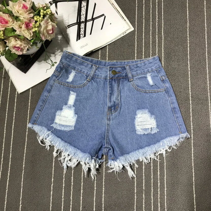 New High Waist Tassel Broken Denim Shorts Female Summer Korean Version Raw Edge Wide Leg Loose Plus Size Jean Shorts Women