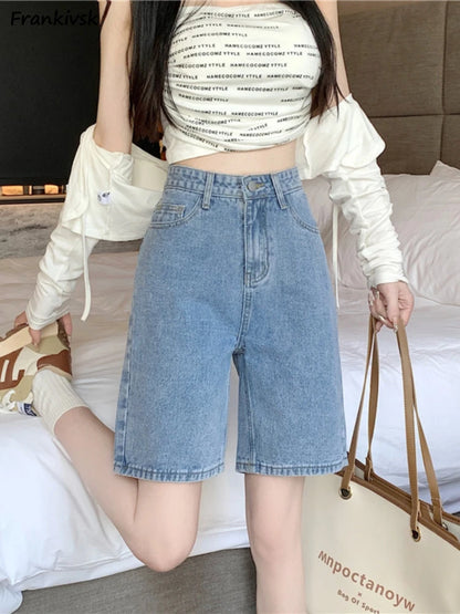 High Waist Shorts Women Summer Knee Length Pockets Casual Solid Simple Korean Style Streetwear School Trousers All-match Fashion