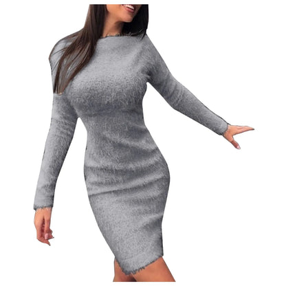 Women Slim Plush Dress Long Sleeve Wrap Pullovers Sweater Mini Dresses Female 2024 Autumn Winter Warm Vestidos Streetwear New