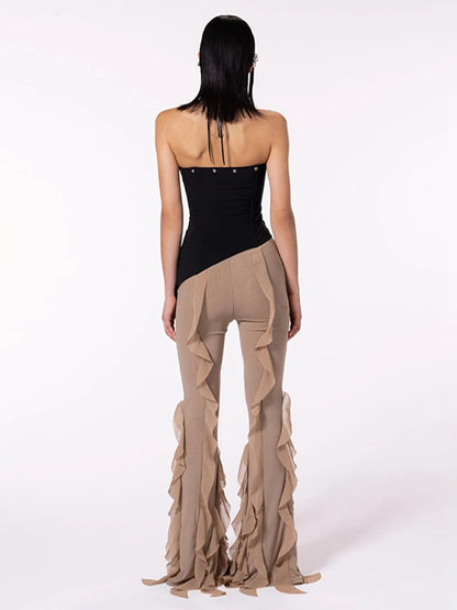 Women s Ruffle Flare Pants y2k Solid Low Rise Stretch Bell Bottom Trousers Rave Club Streetwear - Sri sampi