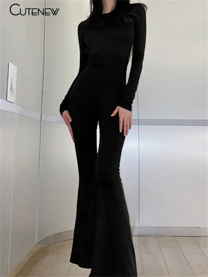 Cutenew Solid Black Sexy Backless Bodycon Wide Leg Jumpsuit Women Autumn Casual Slim Long Sleeve O-Neck Playsuit Lady Streetwear