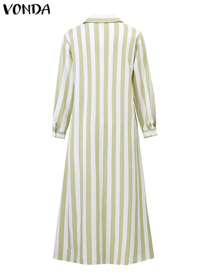 Plus Size VONDA 2024 Autumn Spring Shirt Dress Elegant Women Casual Striped Maxi Vestido Lapel Button Vintage Party Sundress Sri sampi