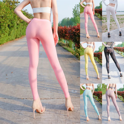 Sexy Silky See Through High Waist Slim Pencil Pants Tight Leggings Womens Elastic Sheer Thin Skinny Trousers Pantyhose Leggings