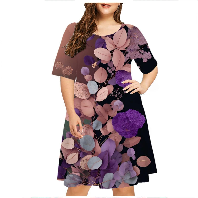 Gradient Blue Rose Flowers Print Dress Women Elegant Short Sleeve O-Neck Party Mini Dress Loose Plus Size Clothing 6XL Sundress