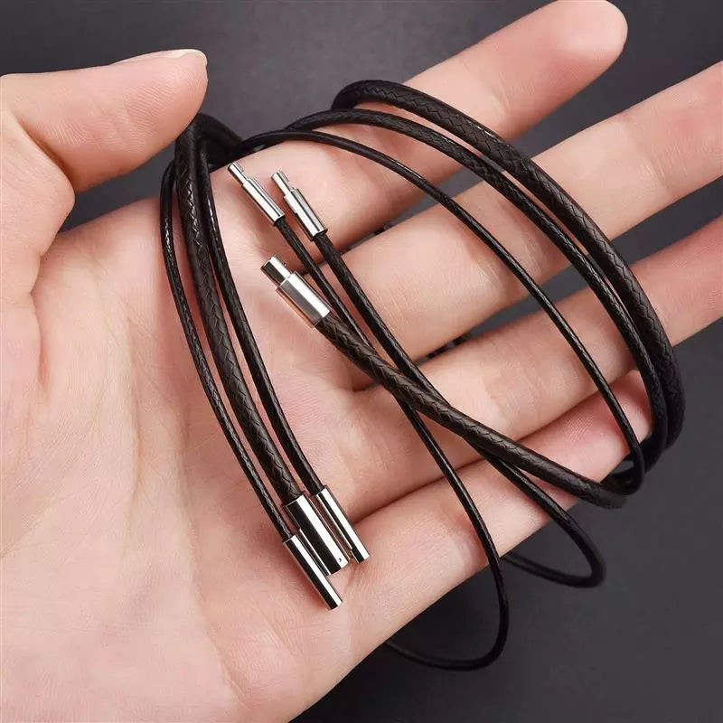 45/50/60cm Black Brown Braid Wax Cord Men DIY Pendant Necklace Jewelry Making Handmade Leather Rope Steel Clasp String Chain