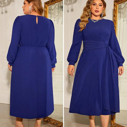 Plus Size Dress Elegant Plus Size Lace-up Midi Dress with Puff Sleeves for Fall Spring Events Women's High Waist Solid Color