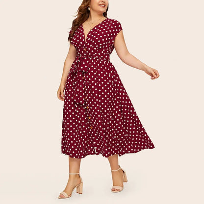 Plus Size Dresses Women Elegant Dot Print Casual Black Midi Dress Woman V-Neck Button Summer Vestidos Outfits 4XL 5XL