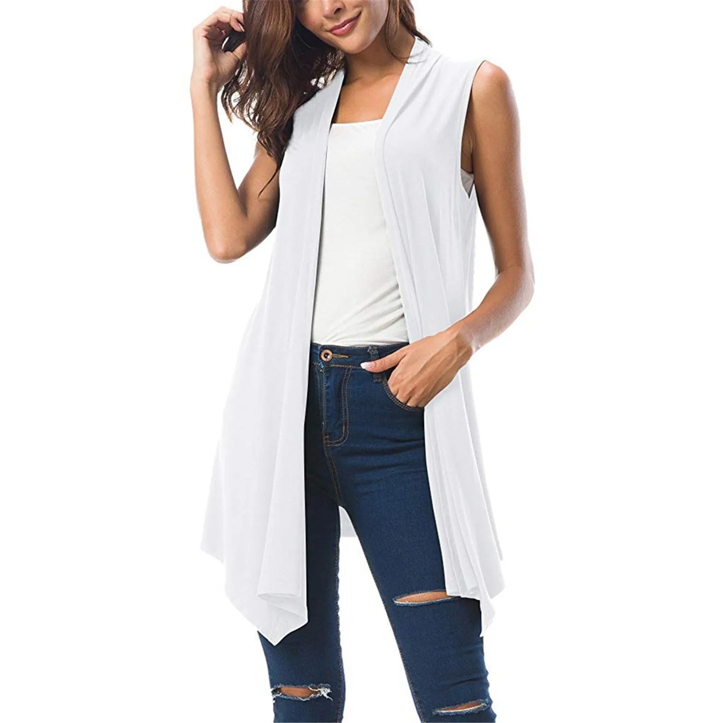 Women's Sleeveless Draped Open Front Cardigan Vest Asymmetric Hem Tops Ladies Casual Loose Vintage Long Cardigans Female Clothes