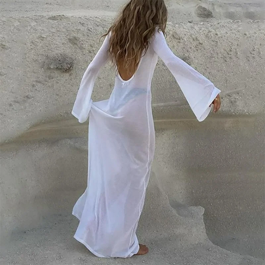 Backless Mesh See Through Long Sleeve Women Dress 2023 Summer Casual Sexy White Maxi Beach Dresses O Neck Solid Loose Outfits