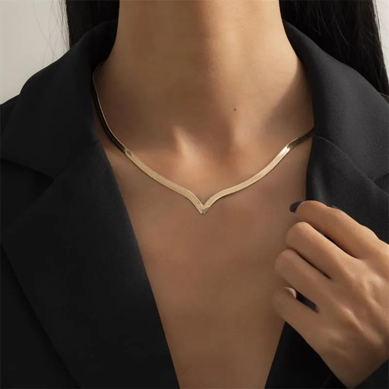 Korean Fashion Flat Snake Chain Herringbone Necklace for Women Jewelry Charm Party Choker Necklace Party Gift Collares Para Muje