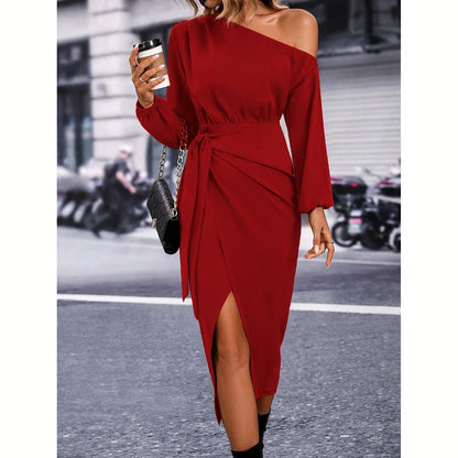 Mia Muse Women's Dresses All Season Elegant Plain Fold Asymmetrical Design Long Sleeve One-Shoulder MIDI Fashion Dresses