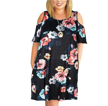 Abbigliamento di grandi dimensioni 2023 Abito estivo da donna allentato Elegante sexy con spalle scoperte Fiori stampati Abito taglie forti Abiti da mamma