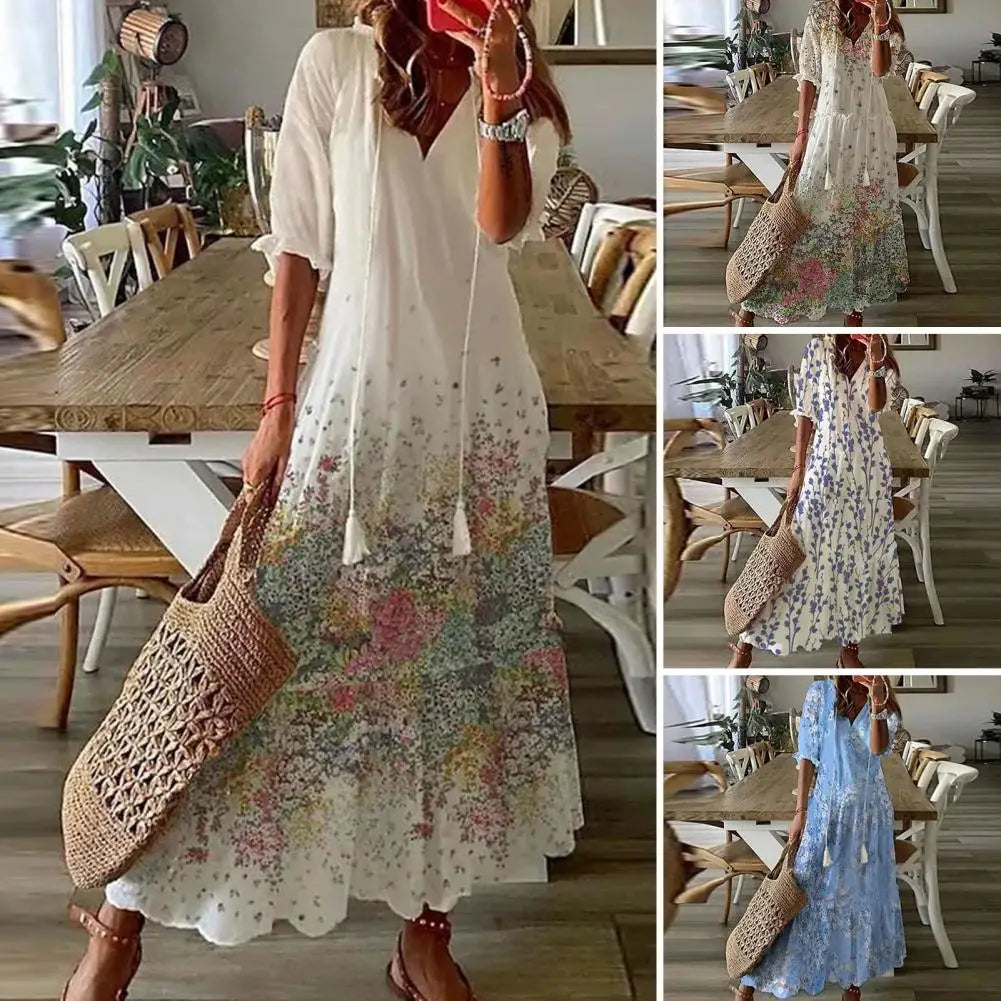 Women Loose Fit Dress Floral Print A-line Maxi Dress with Tassel Detailing V Neckline for Women Vacation Beach Style Ankle - Sri sampi