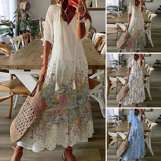 Women Loose Fit Dress Floral Print A-line Maxi Dress with Tassel Detailing V Neckline for Women Vacation Beach Style Ankle