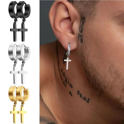 2pc Stainless Steel Men Cross Stars Punk Dangle Earrings Gothic Woman Cross Ear Hoop Earrings Huggies Pendant Piercing Jewelry - Sri sampi