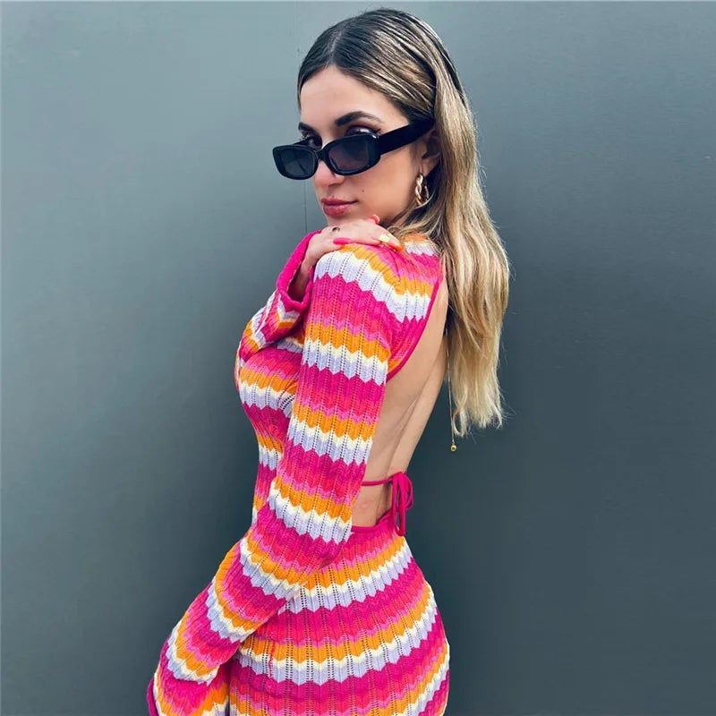 Stripe Knit Women Beach Dress Bodycon Backless Long Sleeve Green Y2K 2022 Casual Summer Holiday Sexy Dresses Party Mini Vestidos