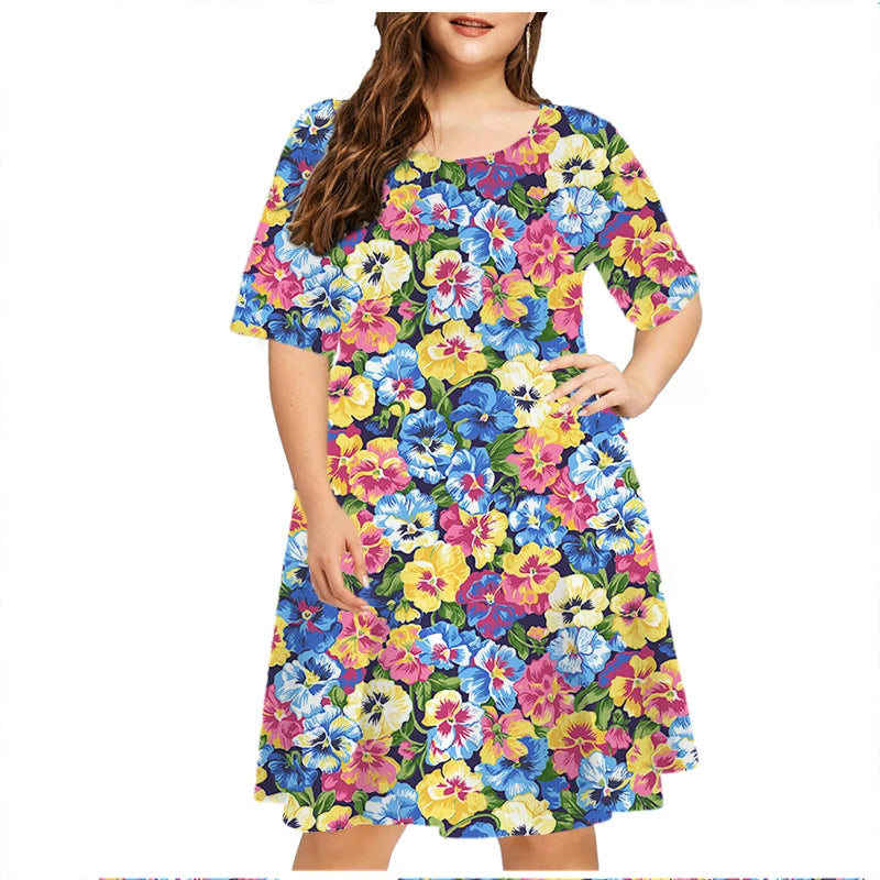 Summer Retro Short Sleeve A-Line DressWomen Plant Flower 3D Printed Dress Casual Fashion O-Neck Loose Ladies Dress Plus Size 6XL