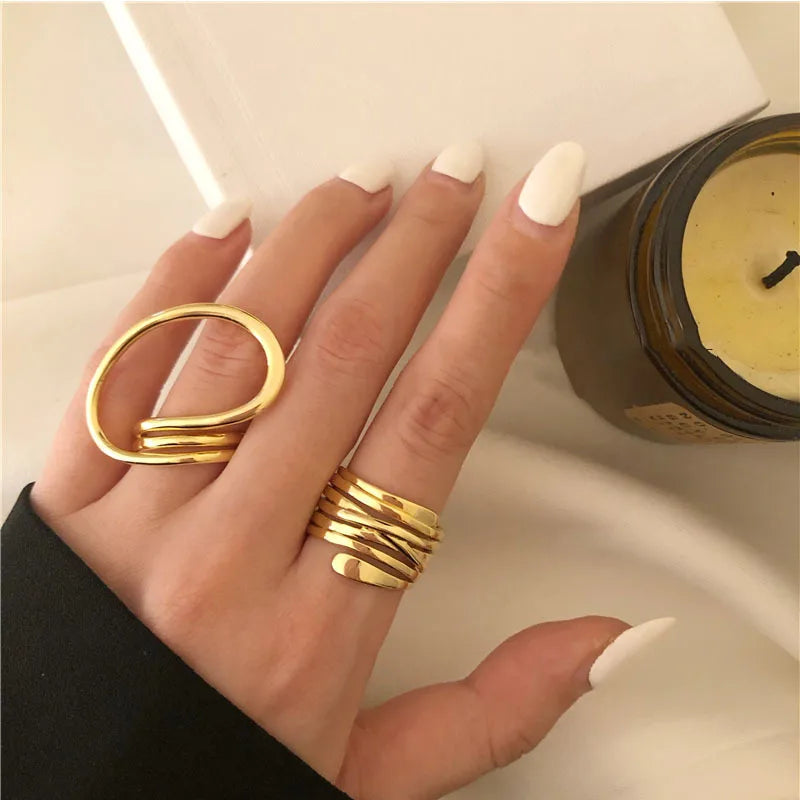 New Exaggerated Distorted Lines Gold Silver Color Geometric Rings Set Fashion Women Girl Party Minimalist Jewelry