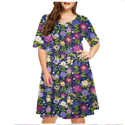 Summer Retro Short Sleeve A-Line DressWomen Plant Flower 3D Printed Dress Casual Fashion O-Neck Loose Ladies Dress Plus Size 6XL