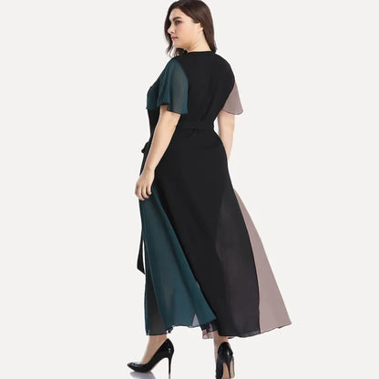 Plus Size V-neck Summer Elegant Chiffon Party Dress Women Short Sleeve Maxi Casual Dress Sash Waist Fit Flare Evening Dress 6XL