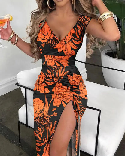 Summer Sexy Print V-neck Slim Short Sleeve V-neck Vestido 2023 Women Split Fashion Midi Dress Mulheres Robe Evening Long Elegant