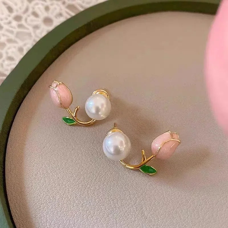 French Light Luxury Pink Tulip Flower Pearl Stud Earrings For Women Korean Zircon Exquisite Earring Party Christmas Jewelry Gift