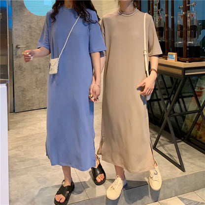 Casual Summer Dresses For Women 2023 Solid Short Sleeve Open Side Long Khaki Black Dress Vestido Feminino