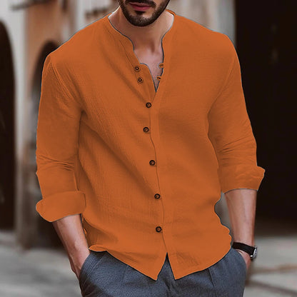 Retro Style Summer Men's Casual Cotton Linen Shirt Mock Neck Solid V-Neck Long Sleeve Loose Top Handsome Shirt US Size S-3XL