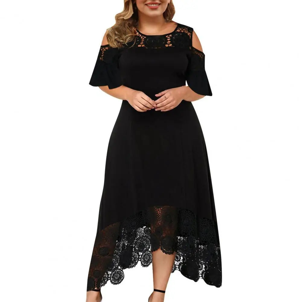 Plus Size Women Dress Flare Short Sleeve Cold Shoulder Embroidery Elegant Dress Party Lace Patchwork High-low Hem Dress Summer