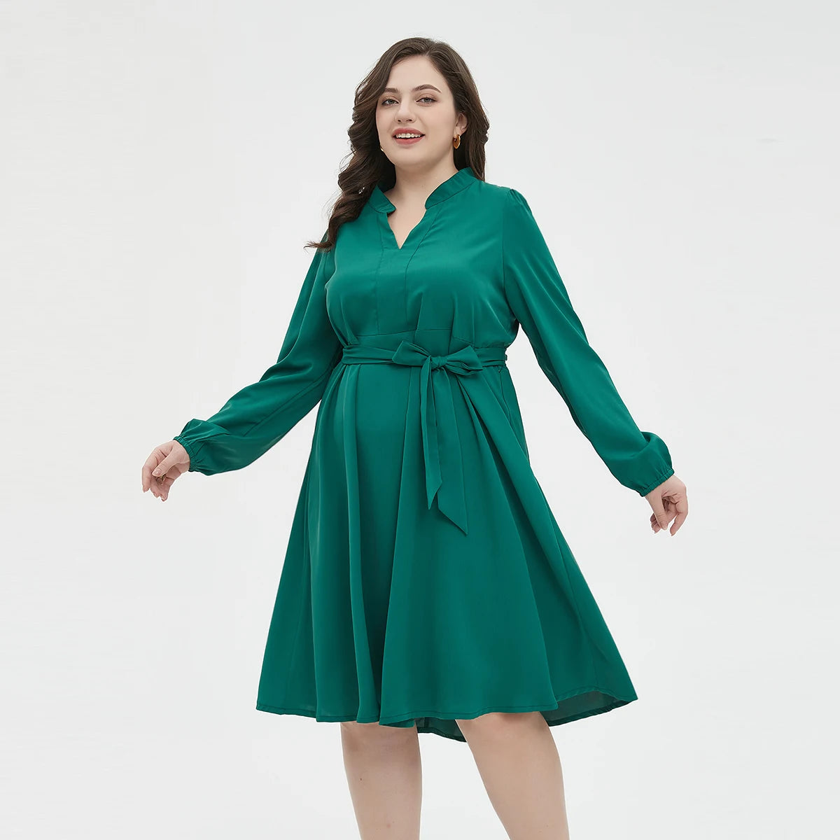 Plus Size 2024 New Solid Color Tie Waist Dress Casual Fashion V Neck Long Sleeve Dress Women's Plus Size Clothing L033