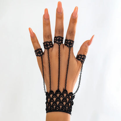 Creative Vintage Black Lace Finger Wrist Chain Rings Bracelets for Women Metal Connecting Hand Harness Bangles Halloween Jewelry