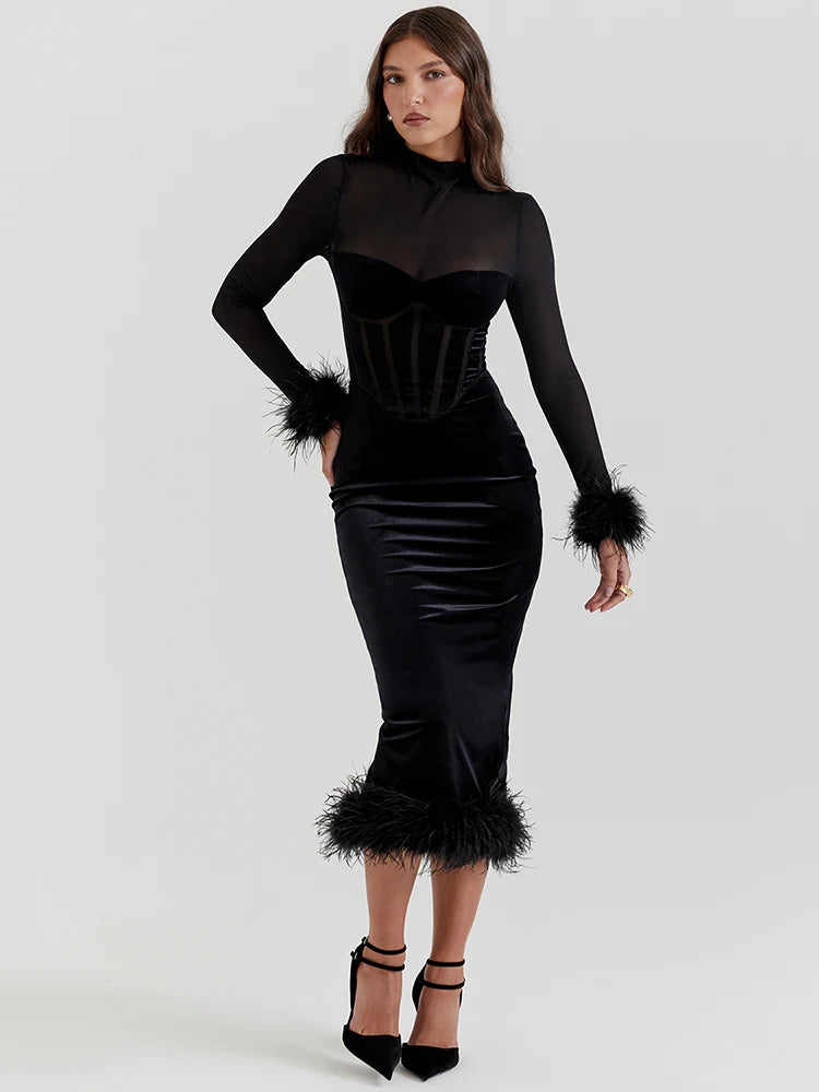 Mozision Elegant Feather Sexy Midi Dress For Women Black Fashion Sheer Long Sleeve Backless Bodycon Club Party Long Dress