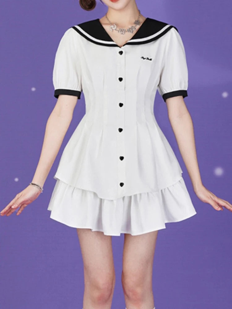 Summer Short Dresses Women Sweet White Dress Female Japanese Lolita Pleated Dress Ladies Preppy Style Sailor Collar Vestidos