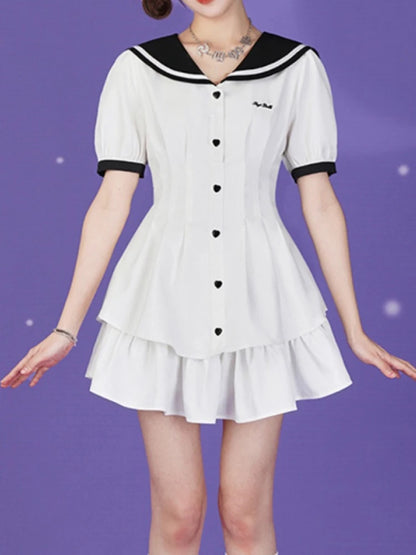 Summer Short Dresses Women Sweet White Dress Female Japanese Lolita Pleated Dress Ladies Preppy Style Sailor Collar Vestidos