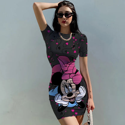 Disney Minnie Mickey Mouse Women's Summer Mini Party Dress 2022 Slim Hip Sexy Tight Y2K Short Sleeve Round neck Dresses Clothes