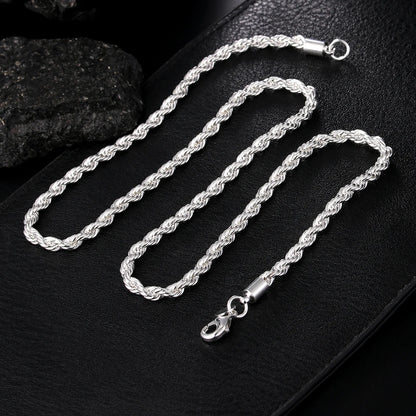 high quality 925 silver 4MM women men chain male twisted rope necklace bracelets fashion Silver jewelry Set