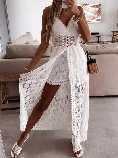 Summer White Dress for Women 2023  Lace Hem Bohemia Short Sleeve High Waist  Dress V-Neck Long Casual Ruffle Maxi Dress