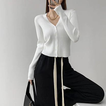 Rimocy Women's V Neck Cropped Cardigan Korean Stye Single Breasted Knit Crop Top Women Solid Color Long Sleeve Cardigans Female