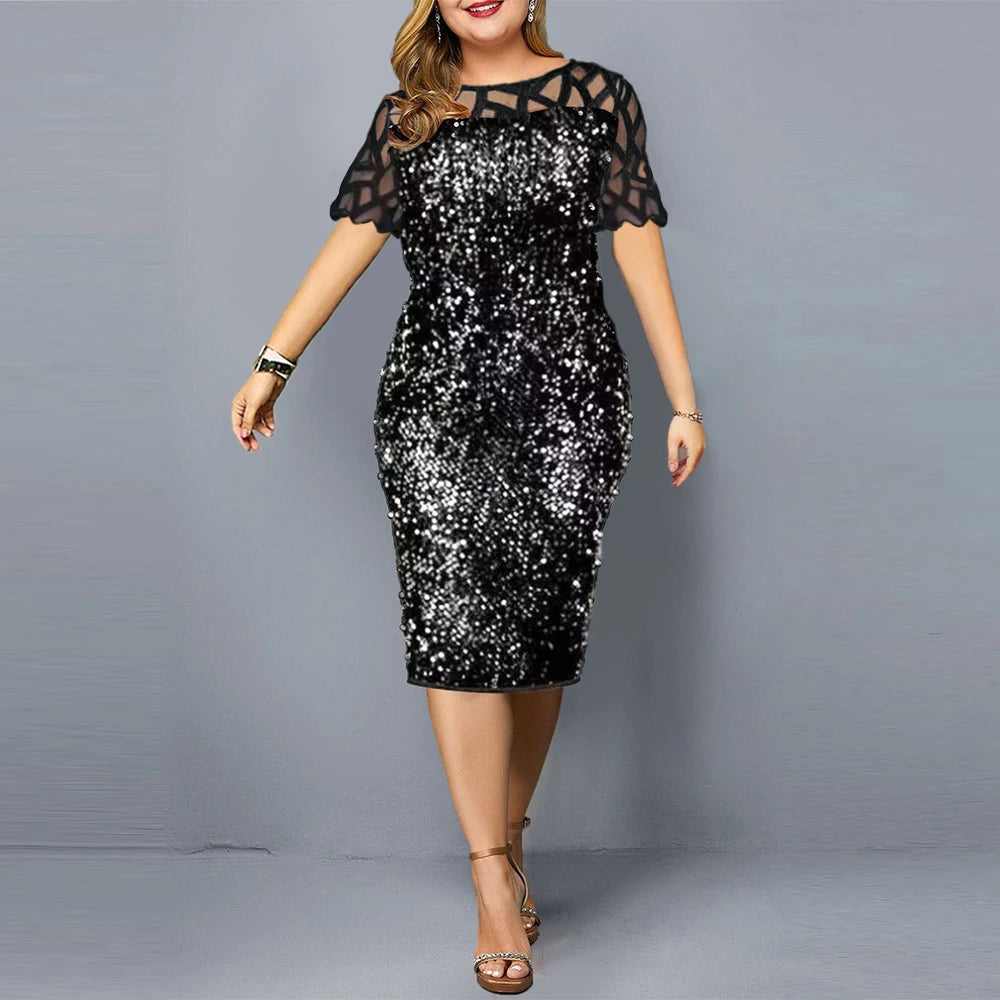 Big Size Clothing 2023 Summer Loose Short Sleeve Woman Dress Elegant Personalized Sequin Design Plus Size Dress Party Vestidos