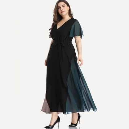 Plus Size V-neck Summer Elegant Chiffon Party Dress Women Short Sleeve Maxi Casual Dress Sash Waist Fit Flare Evening Dress 6XL